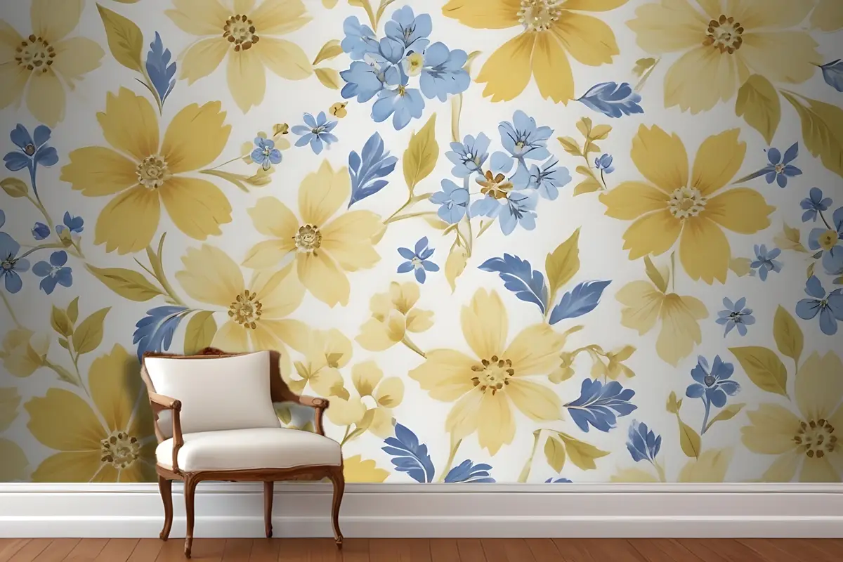 Beyaz Antre  Hol  Koridor Duvar Kağıdı Duvarında Büyük Sarı Çiçekler Ve Daha Küçük Mavi Çiçeklerle Çiçek Desenli