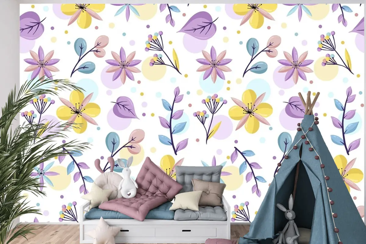 Pastel Renklerde Çiçek Desenli Çocuk Odası Duvar Kağıdı