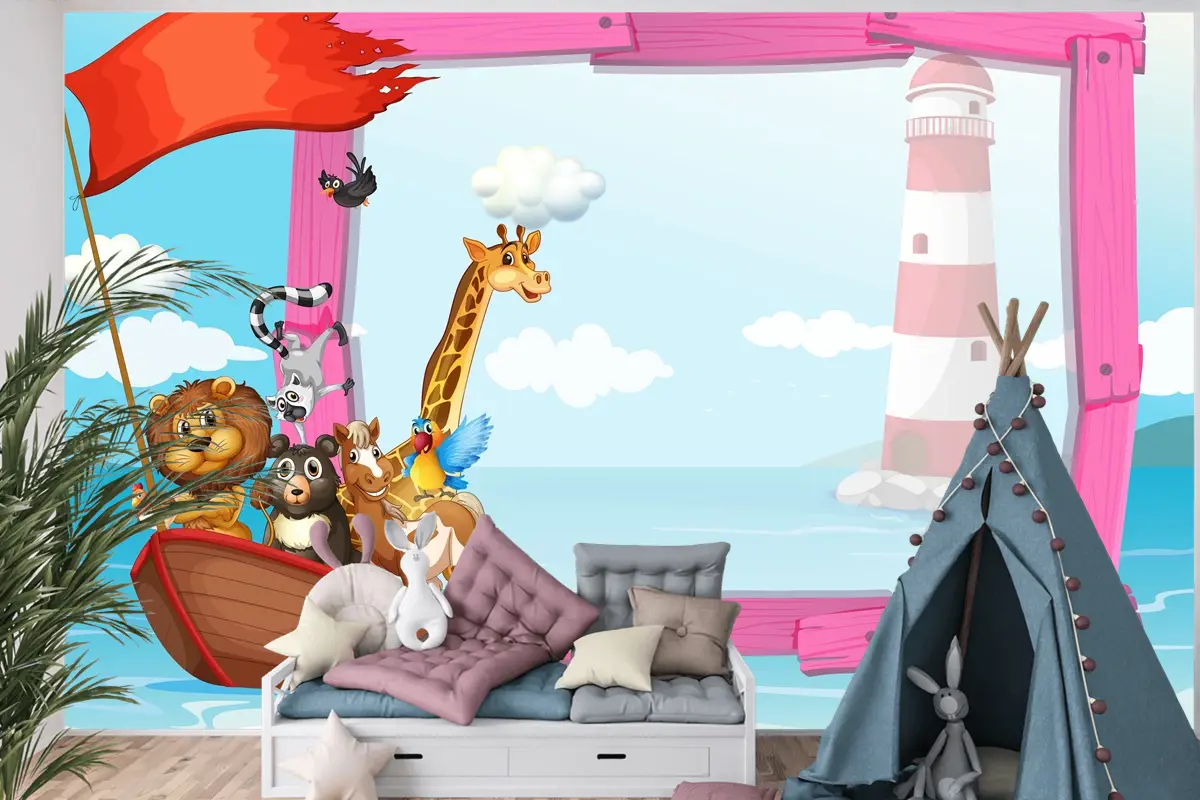 Teknede Vahşi Hayvanların Bulunduğu Çerçeve Çocuk Odası Duvar Kağıdı
