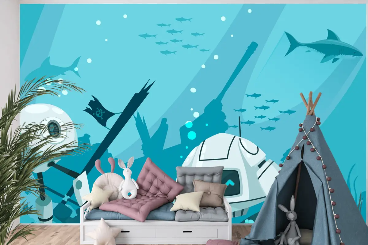Fütüristik Robotlar Deniz Kompozisyonu Çocuk Odası Duvar Kağıdı