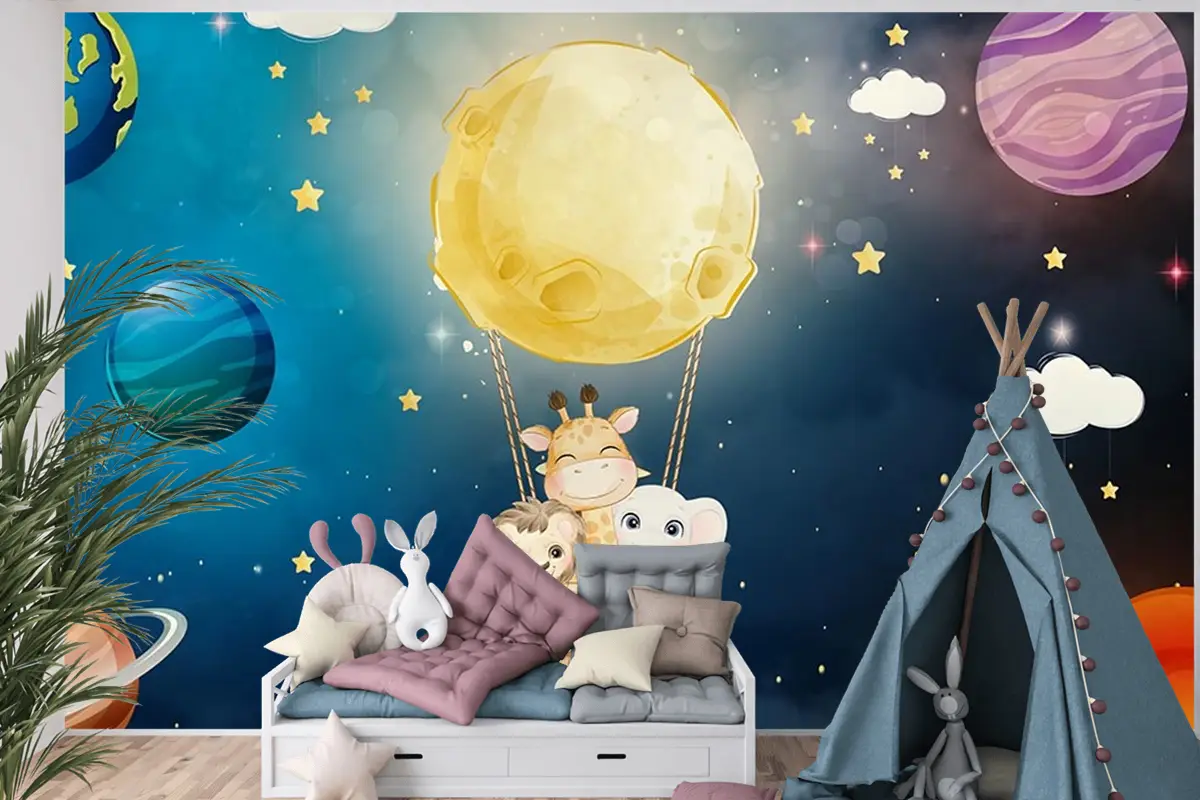 Galaksi Gezegenler Ve Sevimli Hayvanlar Çocuk Odası Duvar Kağıdı