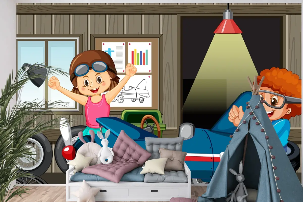 Çocukların Birlikte Araba Tamir Ettiği Garaj Sahnesi Çocuk Odası Duvar Kağıdı