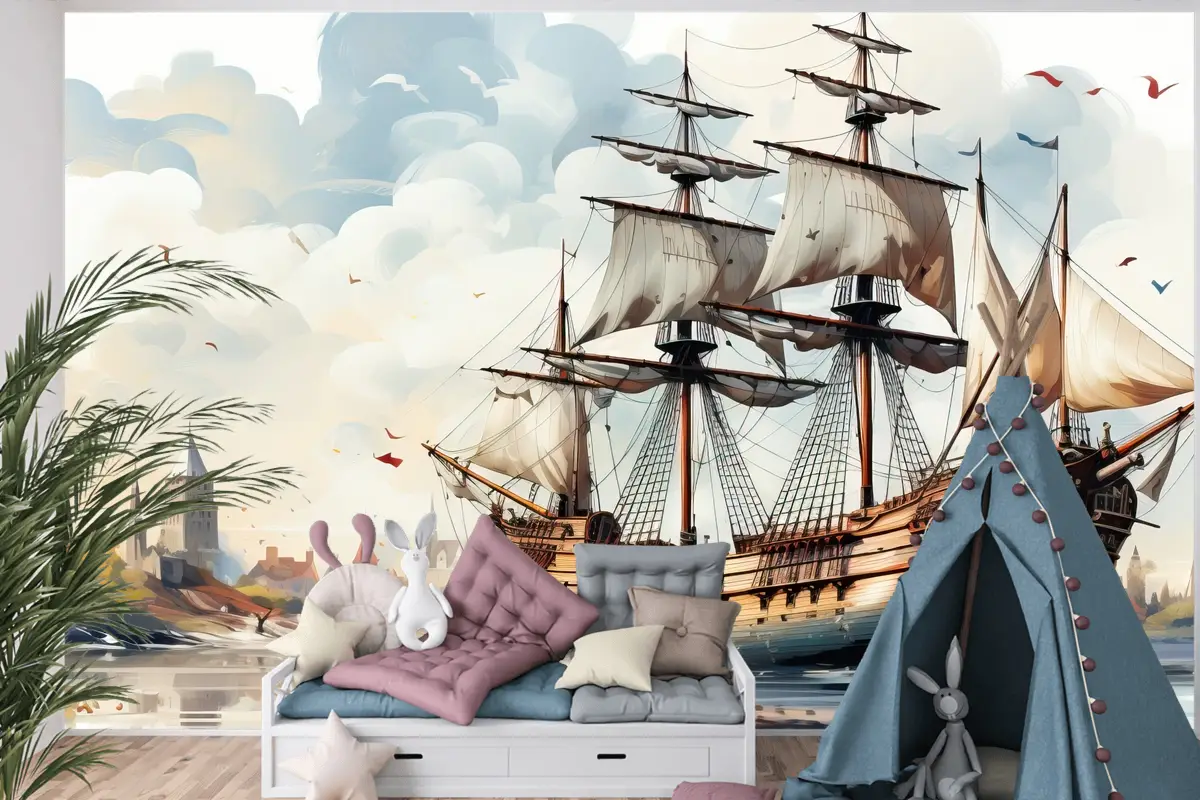 Geometrik Düz Tasarım Şehir Manzaralı Başkent Gün Batımı Çocuk Odası Duvar Kağıdı