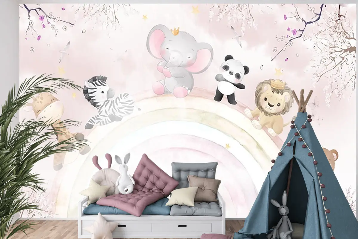 Gökkuşağı Üzerinde Sevimli Hayvanlar Çocuk Odası Duvar Kağıdı