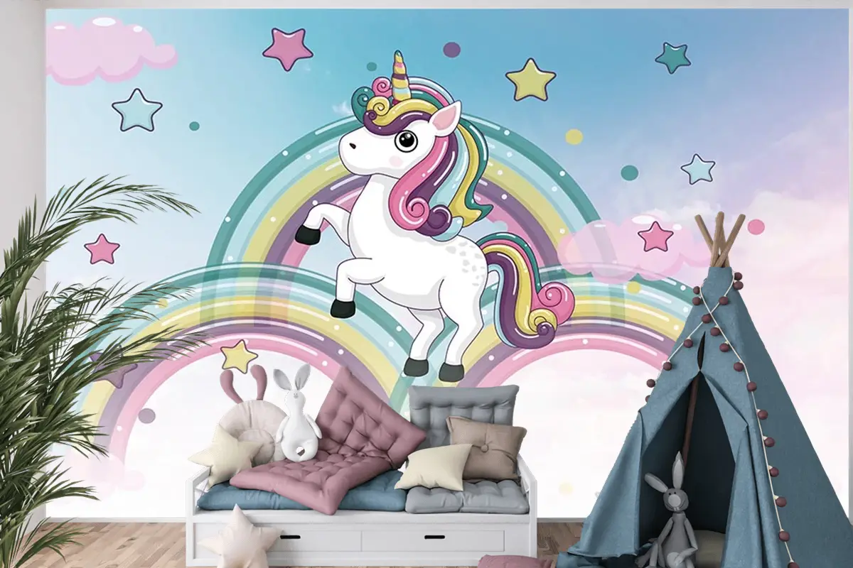 Gökkuşakları Üzerinde Unicorn Çocuk Odası Duvar Kağıdı