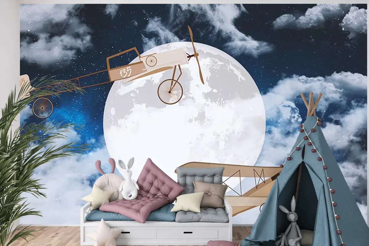 Gökyüzünde Ay Ve Uçaklar Çocuk Odası Duvar Kağıdı