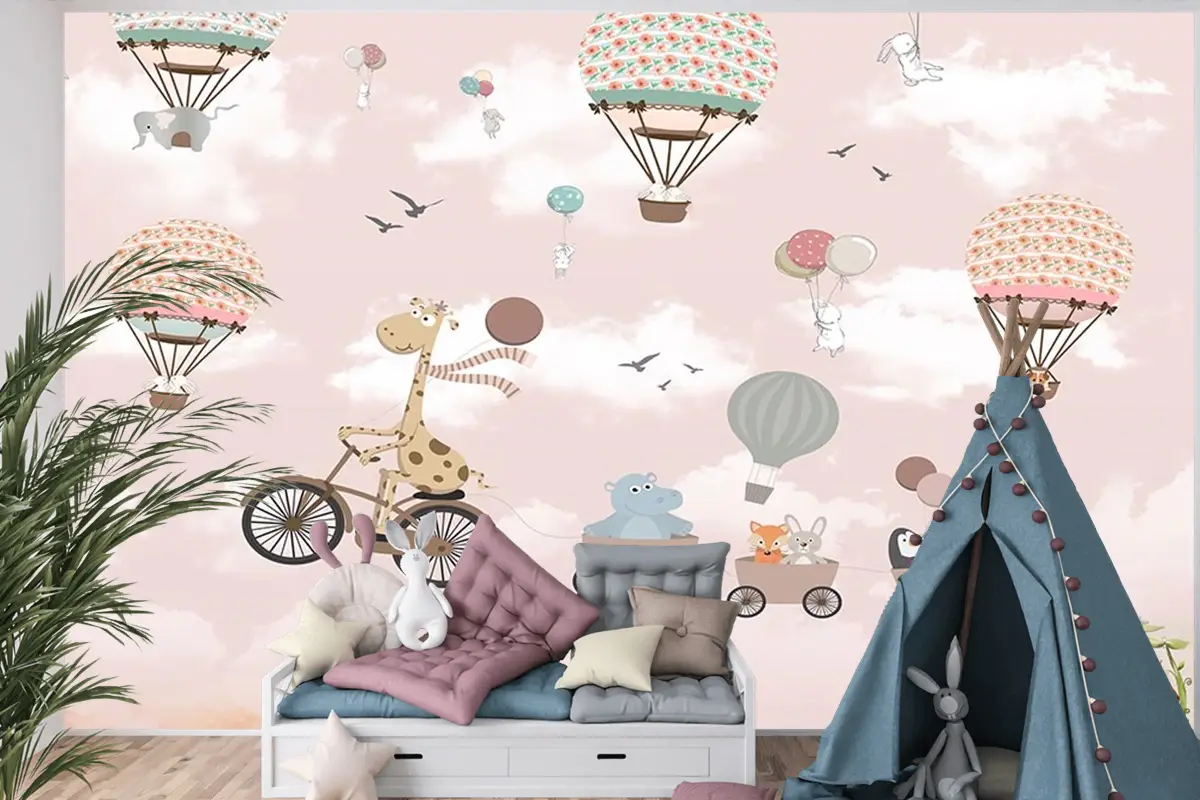 Gökyüzünde Bisiklet Süren Zürafa Ve Arkadaşları Çocuk Odası Duvar Kağıdı