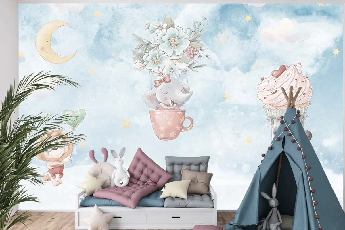 Gökyüzünde Fil Panda Çocuk Odası Duvar Kağıdı