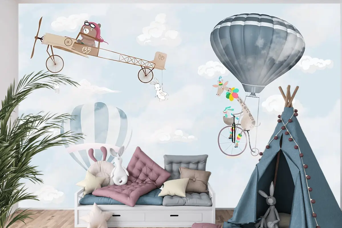 Gökyüzünde Uçak Balonlar Ve Sevimli Hayvanlar Çocuk Odası Duvar Kağıdı