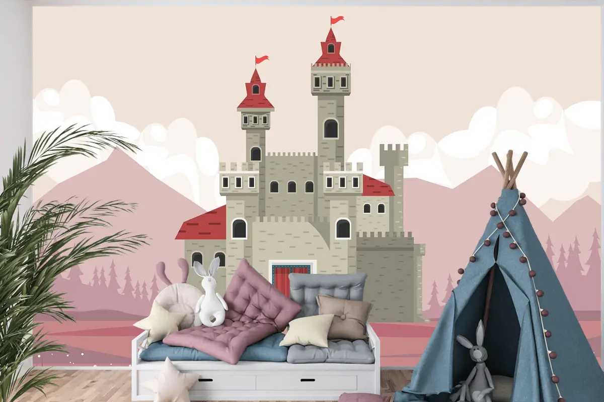 Pembe Manzara Sahnesi Çocuk Odası Duvar Kağıdı Duvarındaki Gri Kale