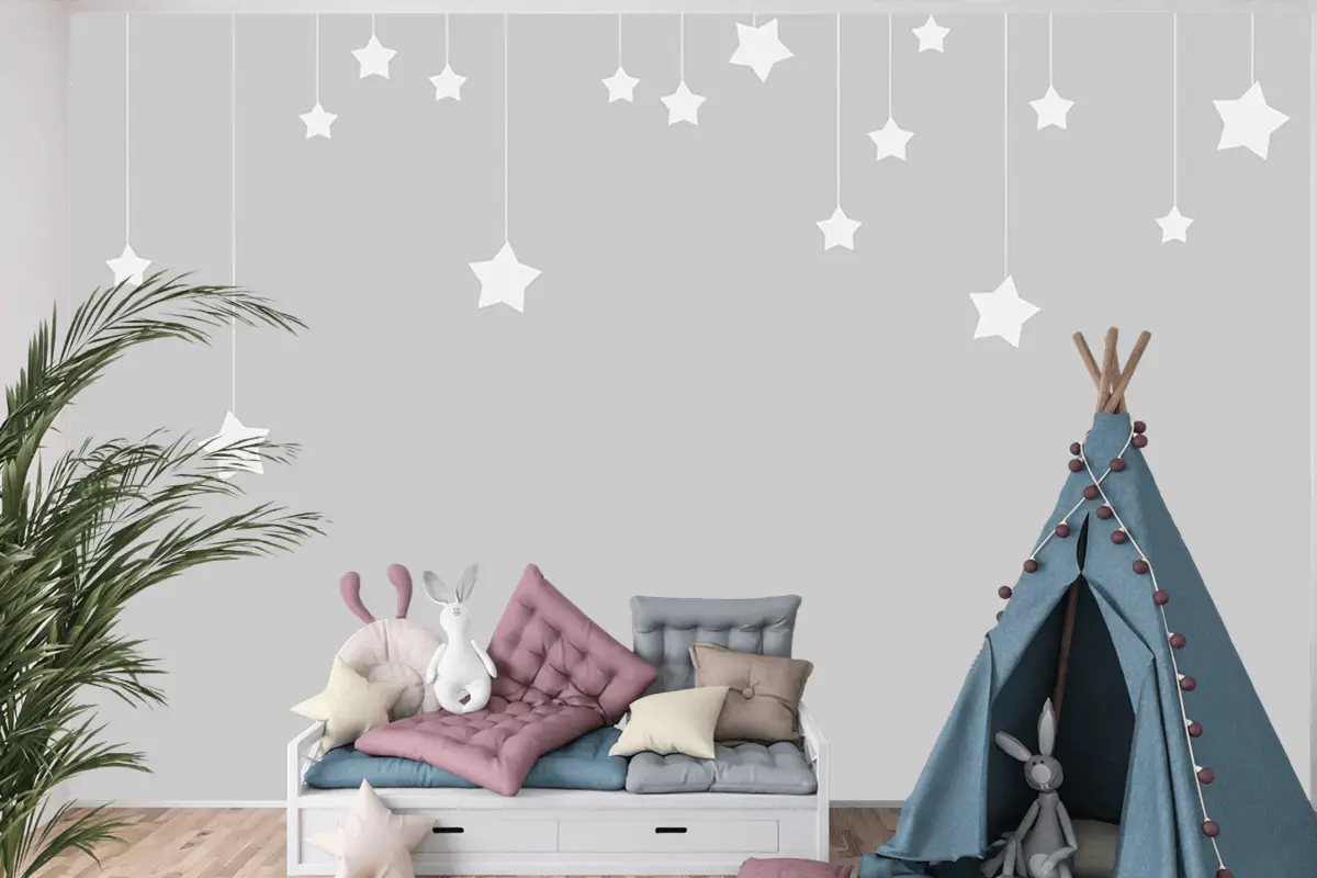 Gri Zemin Beyaz Yıldızlar Çocuk Odası Duvar Kağıdı