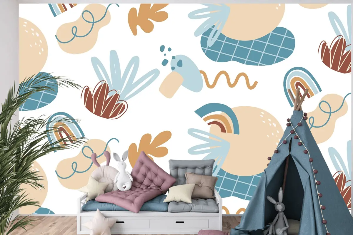 Elle Çizilmiş Soyut Öğe Desen Çocuk Odası Duvar Kağıdı 