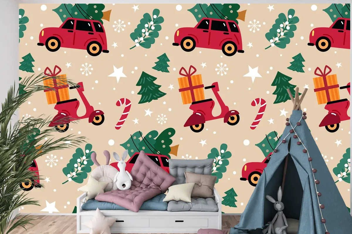 Elle Çizilmiş Düz Noel Desen Tasarımı Çocuk Odası Duvar Kağıdı