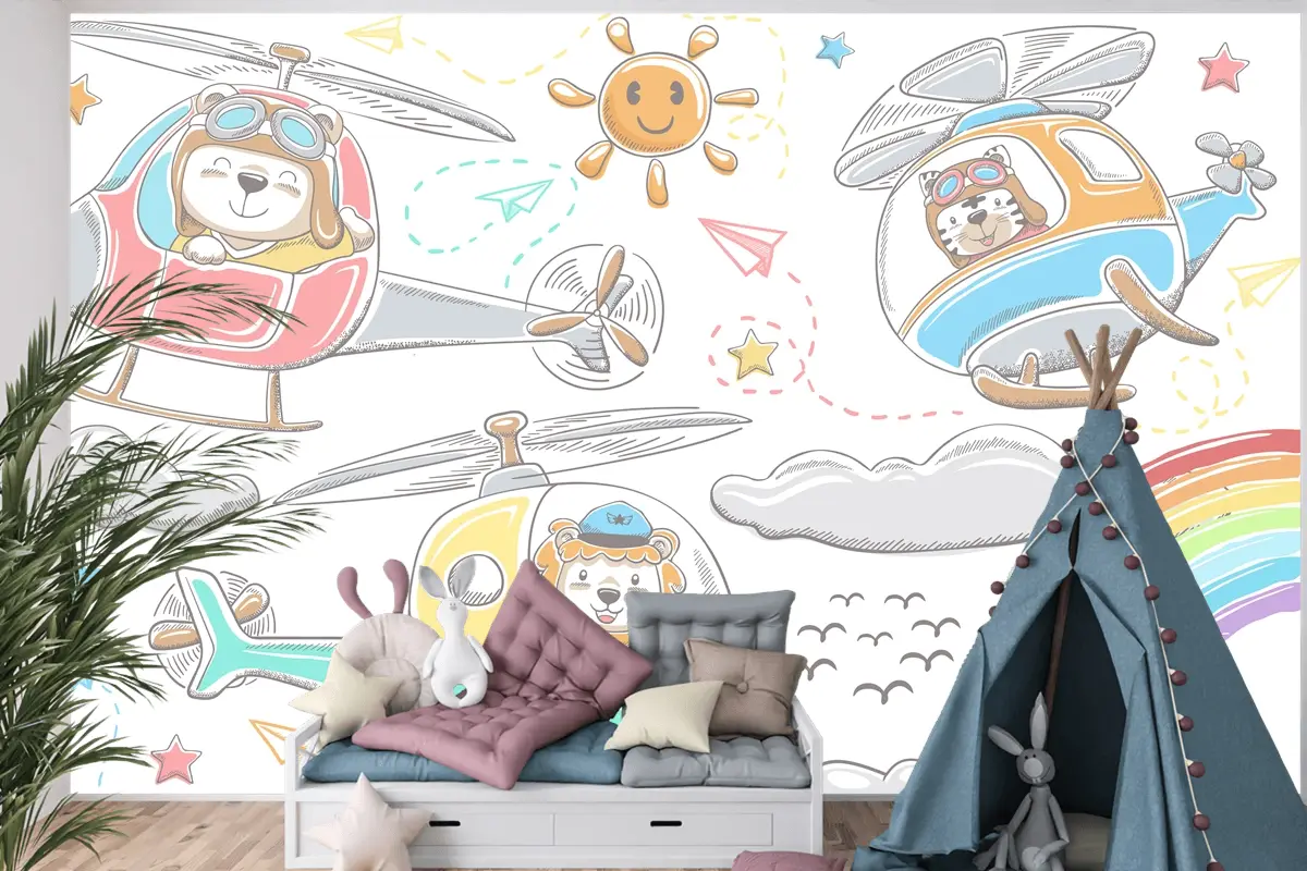 Helikopterlerde Elle Çizilmiş Komik Hayvanlar Karikatür Gökyüzü Nesne Öğeleri Karikatür Çocuk Odası Duvar Kağıdı Duvar