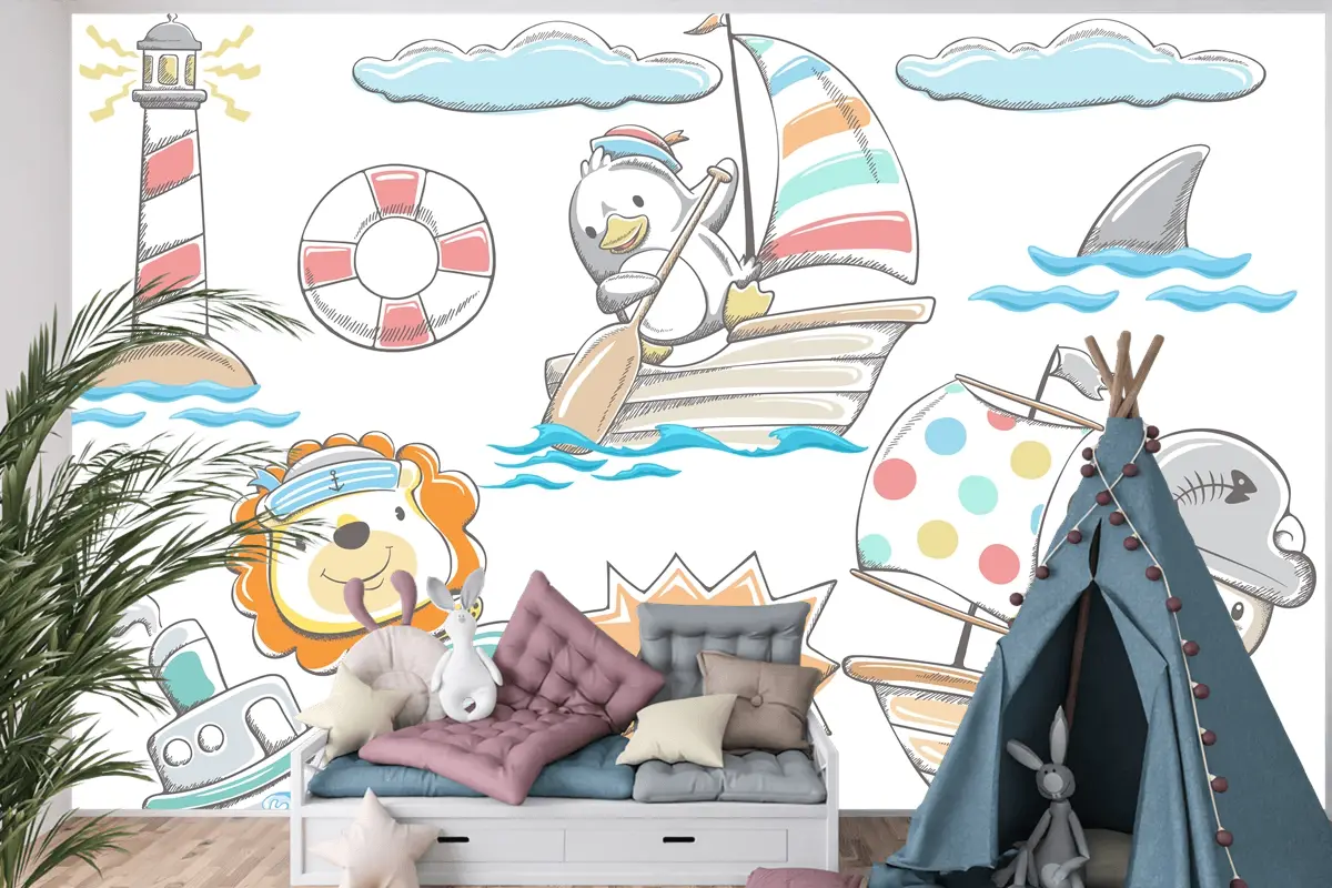 Elle Çizilmiş Komik Hayvanlar Deniz Elementleri Çocuk Odası Duvar Kağıdı