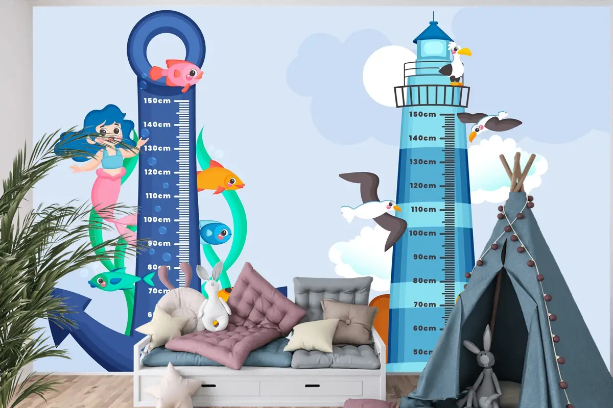 Elle Çizilmiş Yükseklik Ölçer Seti Çocuk Odası Duvar Kağıdı