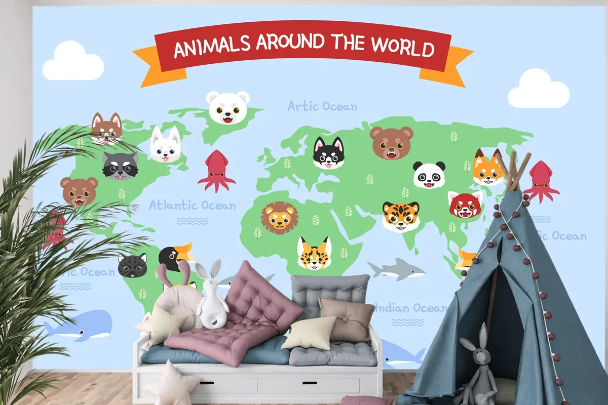 Elle Çizilmiş Çocuk Haritası Çocuk Odası Duvar Kağıdı