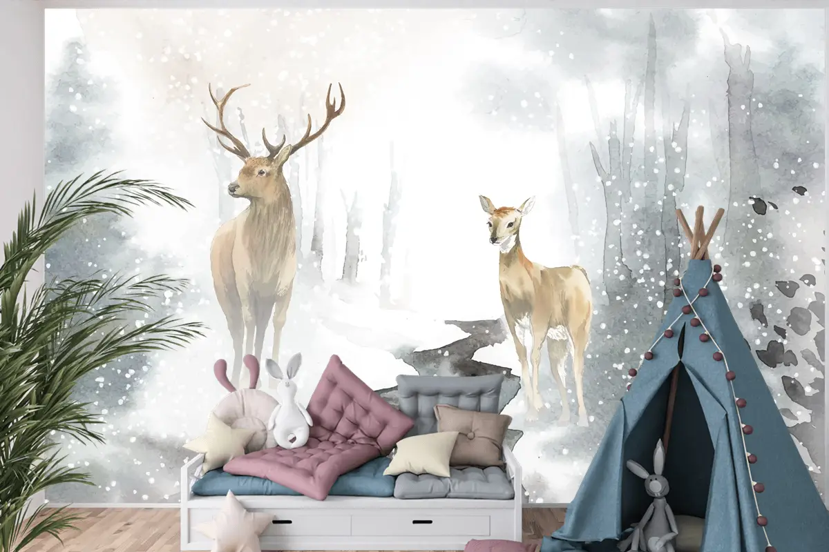 Elle Çizilmiş Geyik Çifti Suluboya Tarzı Çocuk Odası Duvar Kağıdı