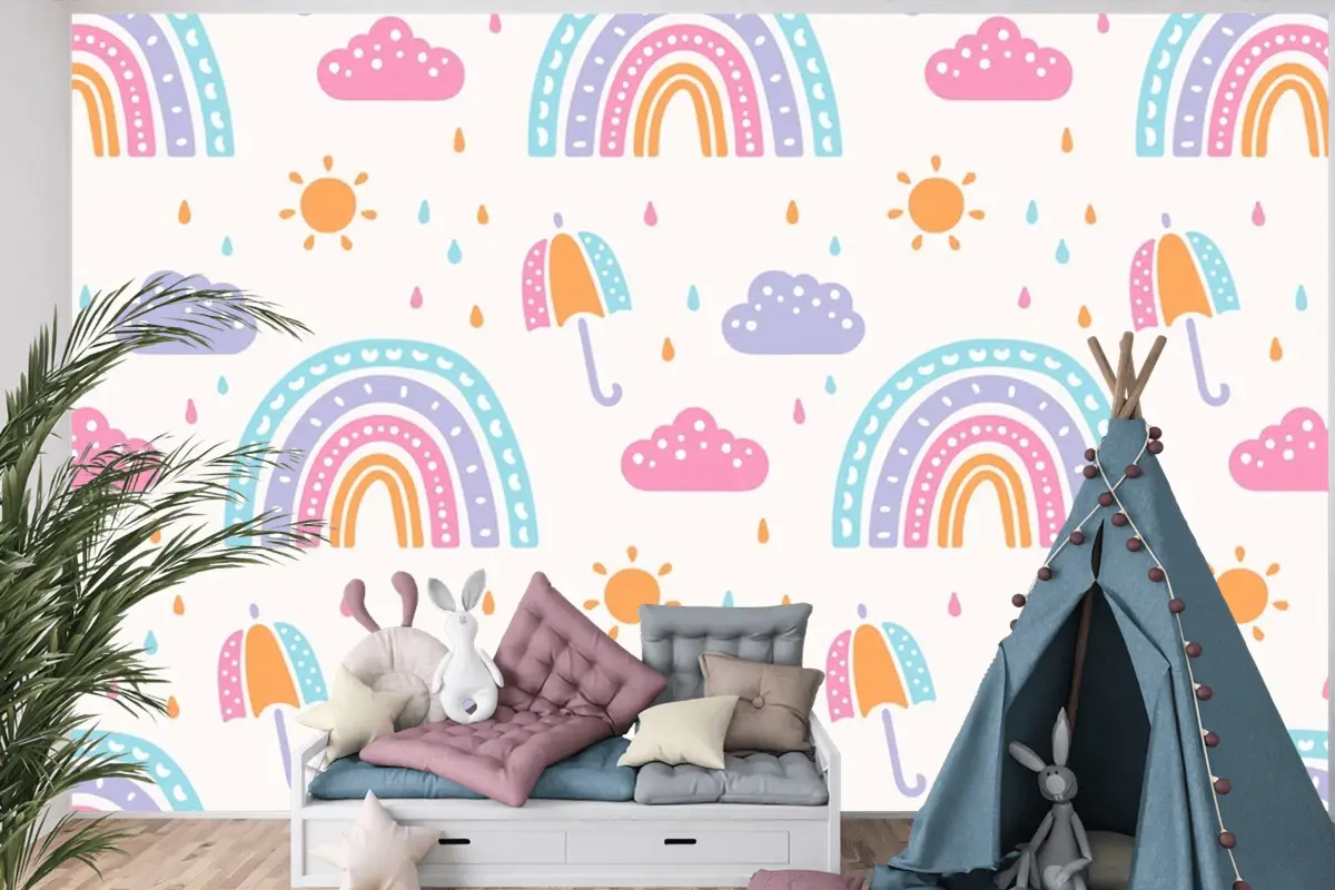 Elle Çizilmiş Gökkuşağı Desen Tasarımı Çocuklar Çocuk Odası Duvar Kağıdı
