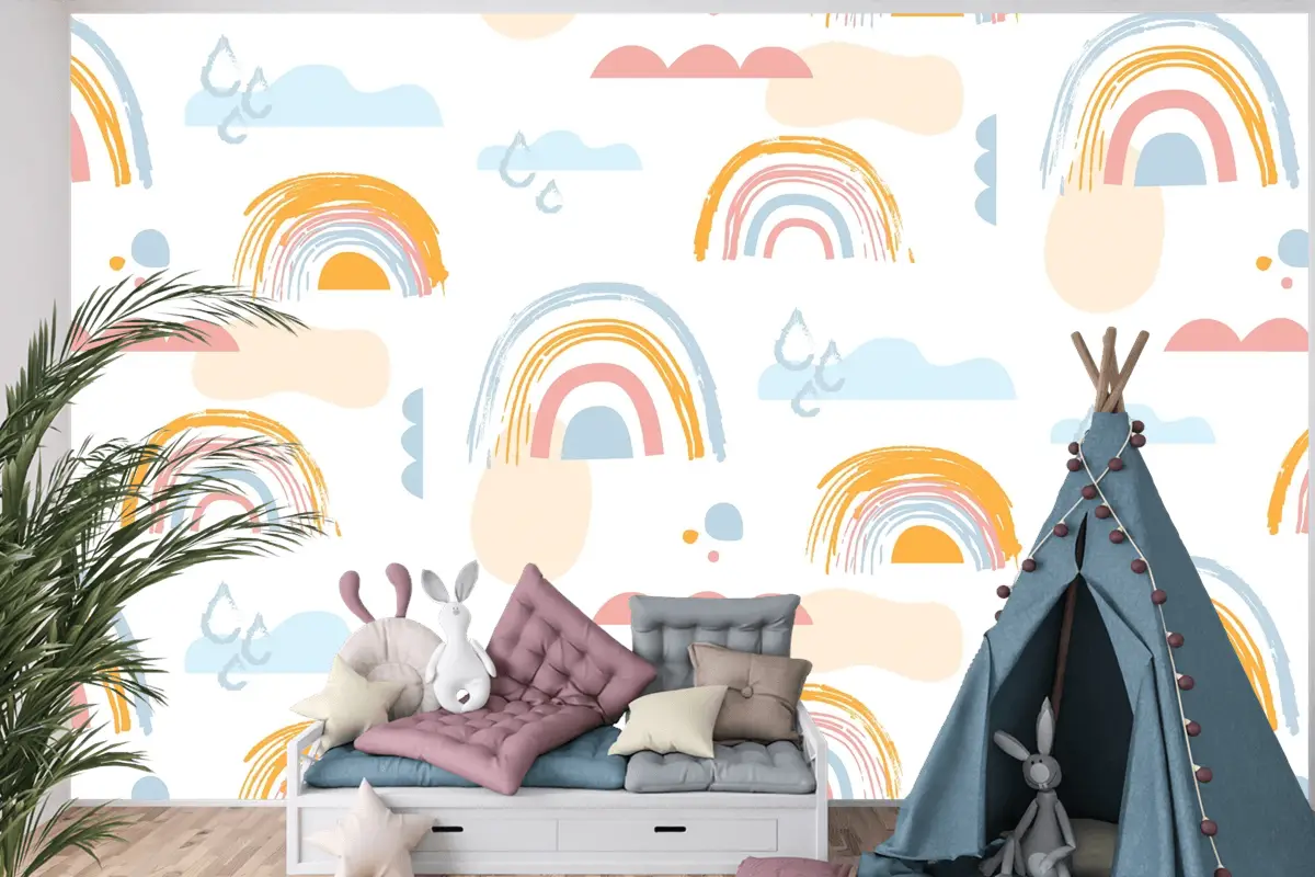 Elle Çizilmiş Gökkuşağı Desen Tasarımı Çocuk Odası Duvar Kağıdı