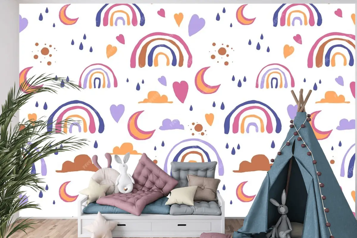Elle Çizilmiş Gökkuşağı Desen Tasarımı Çocuk Odası Duvar Kağıdı