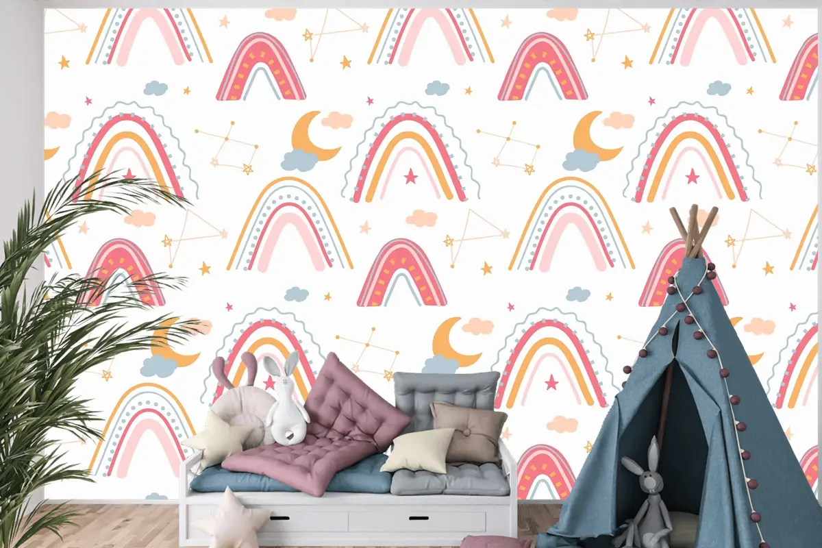 Elle Çizilmiş Gökkuşağı Desenli Çocuk Odası Duvar Kağıdı 