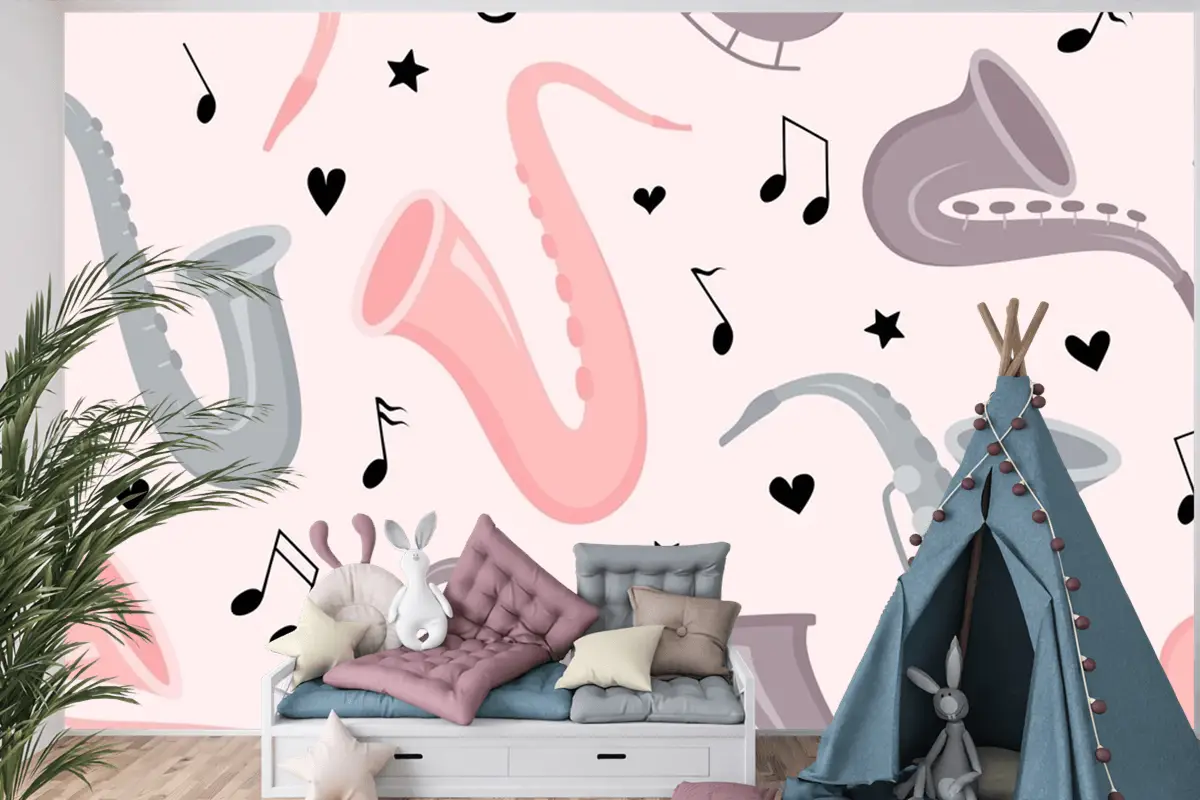 Elle Çizilmiş Saksafon Dikişsiz Desen Çocuk Odası Duvar Kağıdı