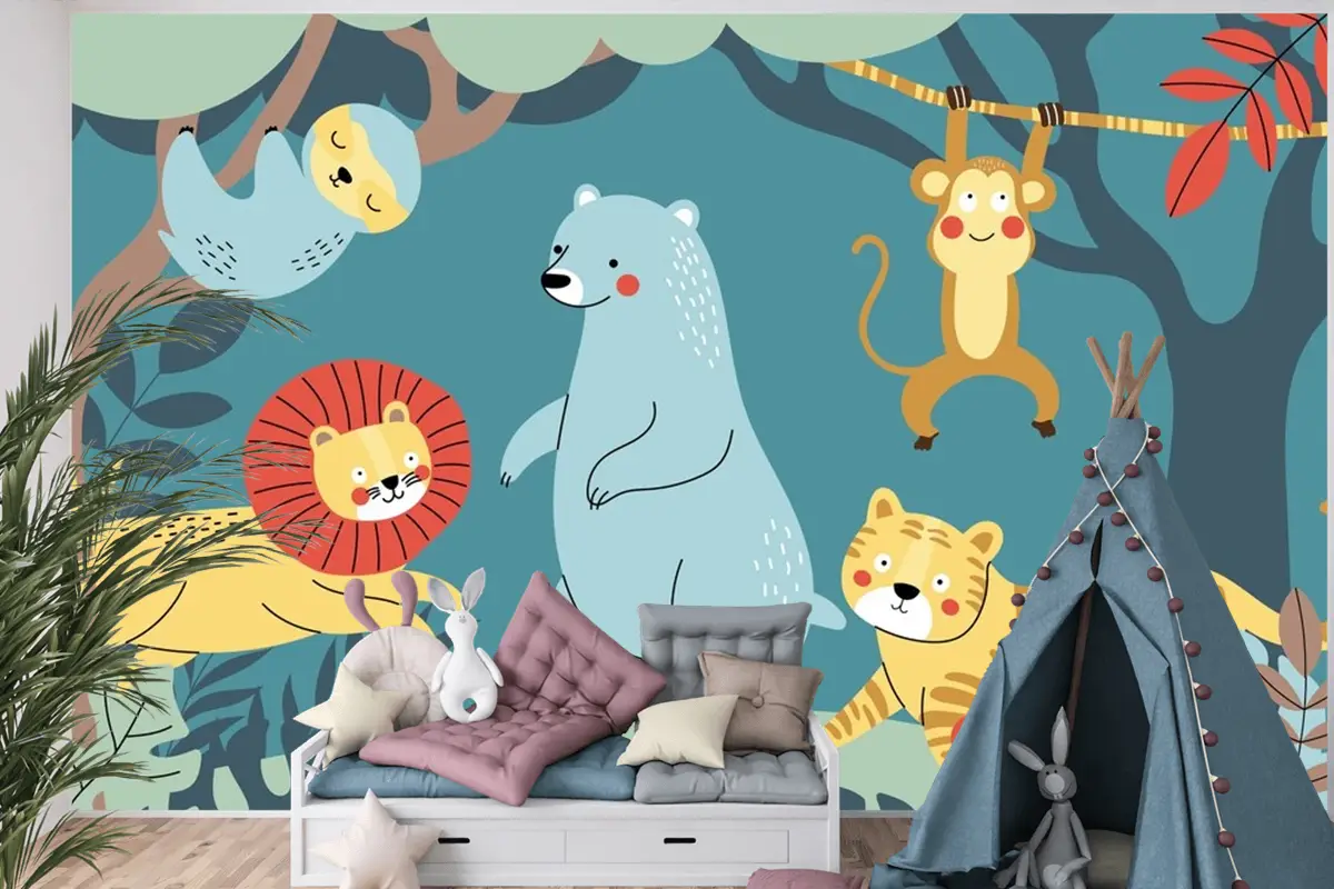 Elle Çizilmiş Yaban Hayatı Arka Plan Çocuk Odası Duvar Kağıdı 