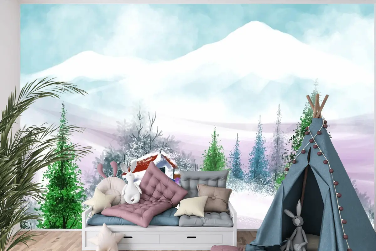 Noel Ve Yeni Yılınız Kutlu Olsun Çocuk Odası Duvar Kağıdı  İçin El Boyalı Suluboya Çizimi