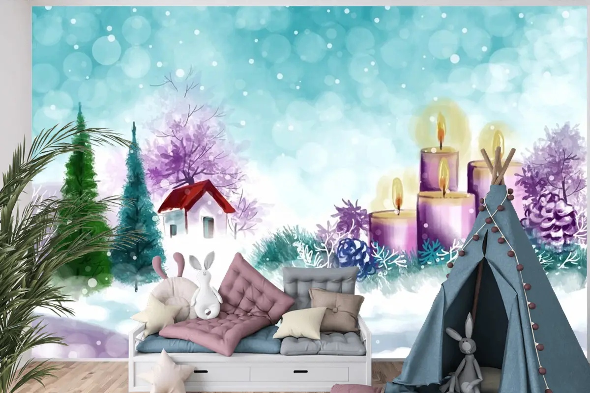 Noel Ve Mutlu Yeni Yıl Sezonu Çocuk Odası Duvar Kağıdı  Için El Boyalı Suluboya Çizimi