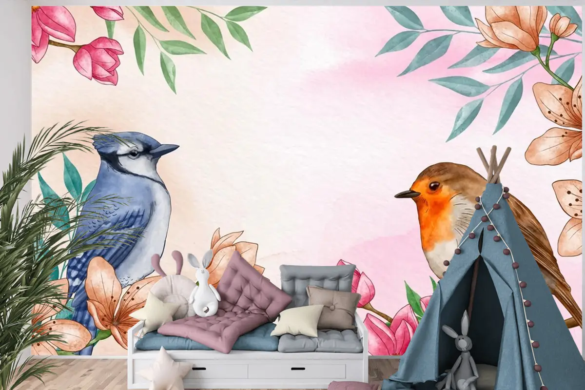 El Boyalı Suluboya Çiçek Kuşlar Arka Plan Çocuk Odası Duvar Kağıdı 