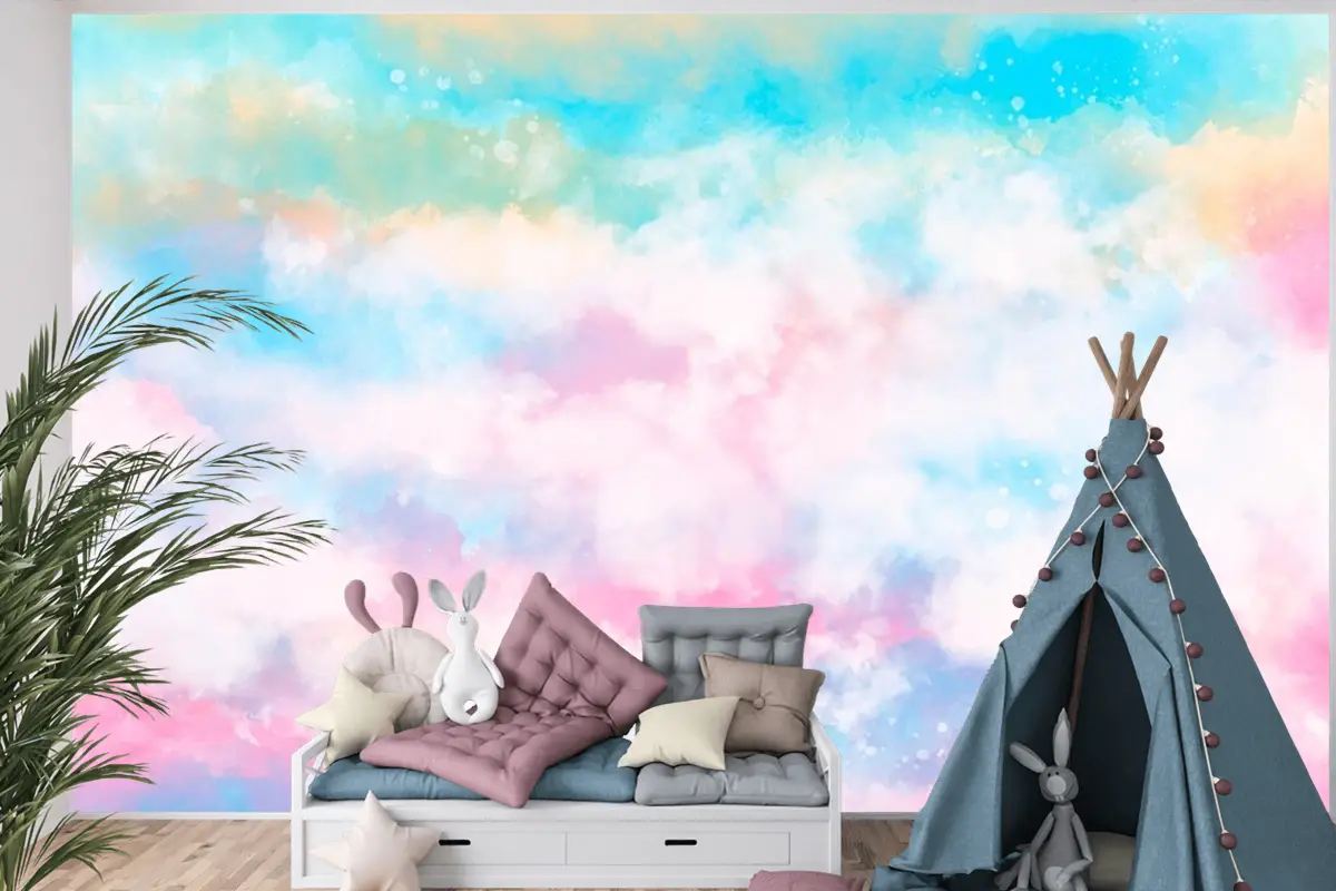 El Boyalı Suluboya Pastel Gökyüzü Arka Plan Çocuk Odası Duvar Kağıdı