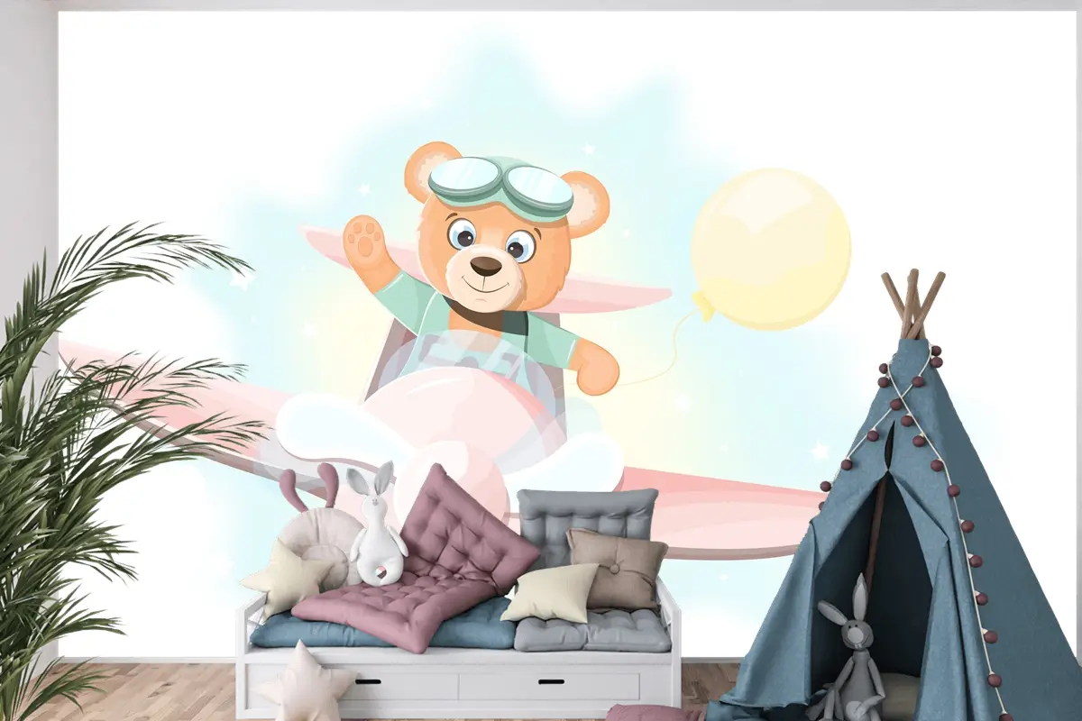 Uçakta Uçan Mutlu Ayıcık Çocuk Odası Duvar Kağıdı