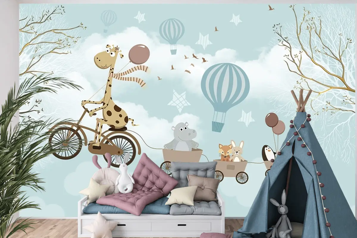 Hayvanlar Fil Zürafa Çocuk Odası Duvar Kağıdı
