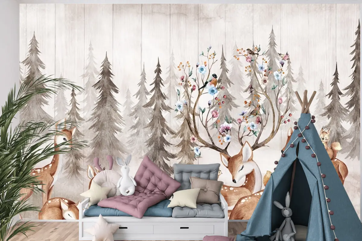 Hayvanlarla Suluboya Orman Geyik Çocuk Odası Duvar Kağıdı