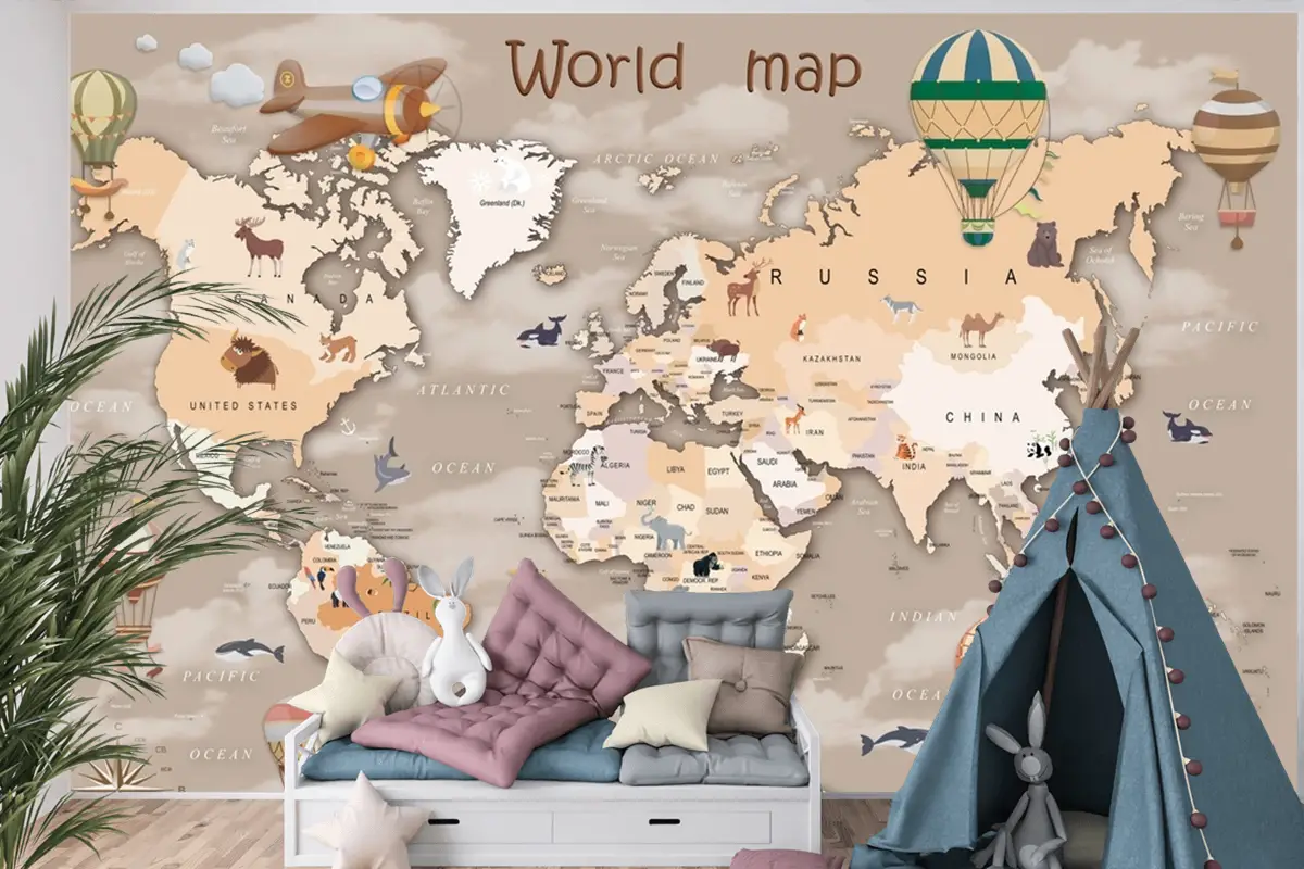 Hayvanlı Ve Sıcak Hava Balonlu Dünya Haritası Çocuk Odası Duvar Kağıdı