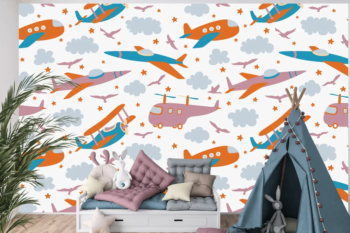 Hipster Doodles Renkli Dikişsiz Desen Düzlem Çizimi Çocuk Odası Duvar Kağıdı 