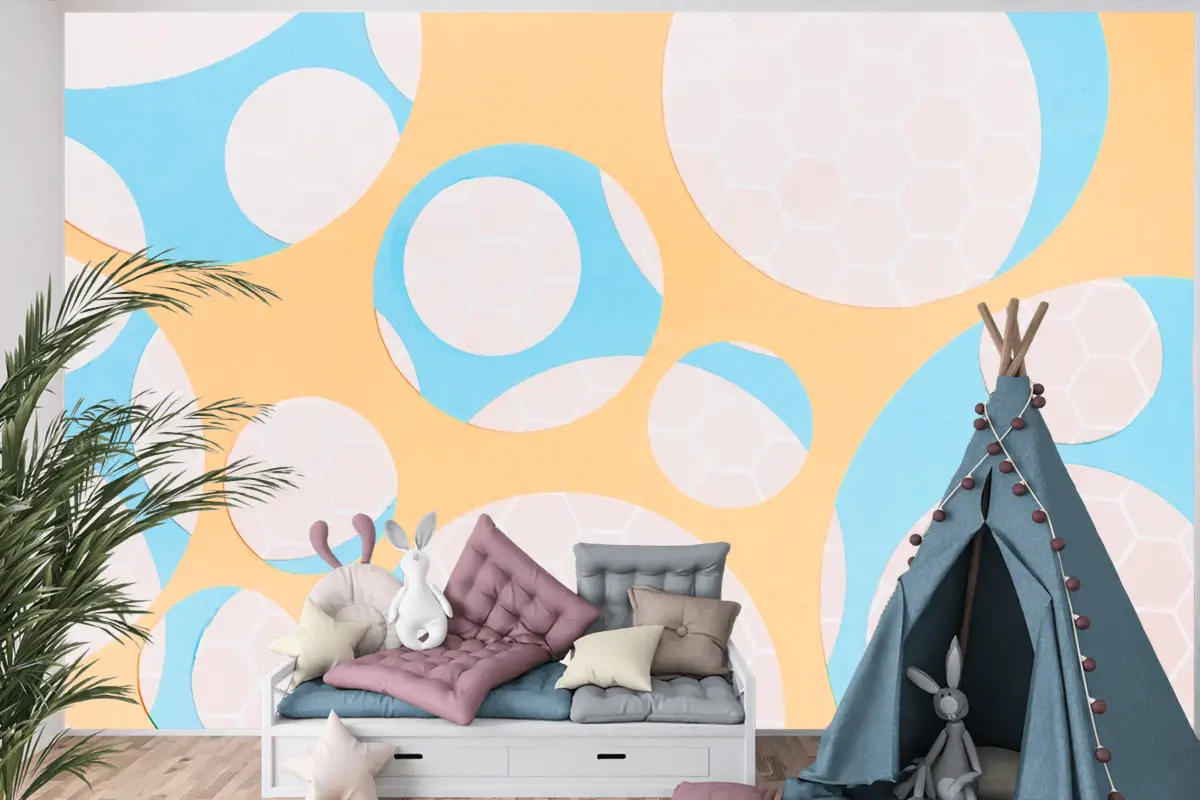 Sarı Çocuk Odası Duvar Kağıdı Duvar Üzerinde Daire Şeklinde Petek Deseni
