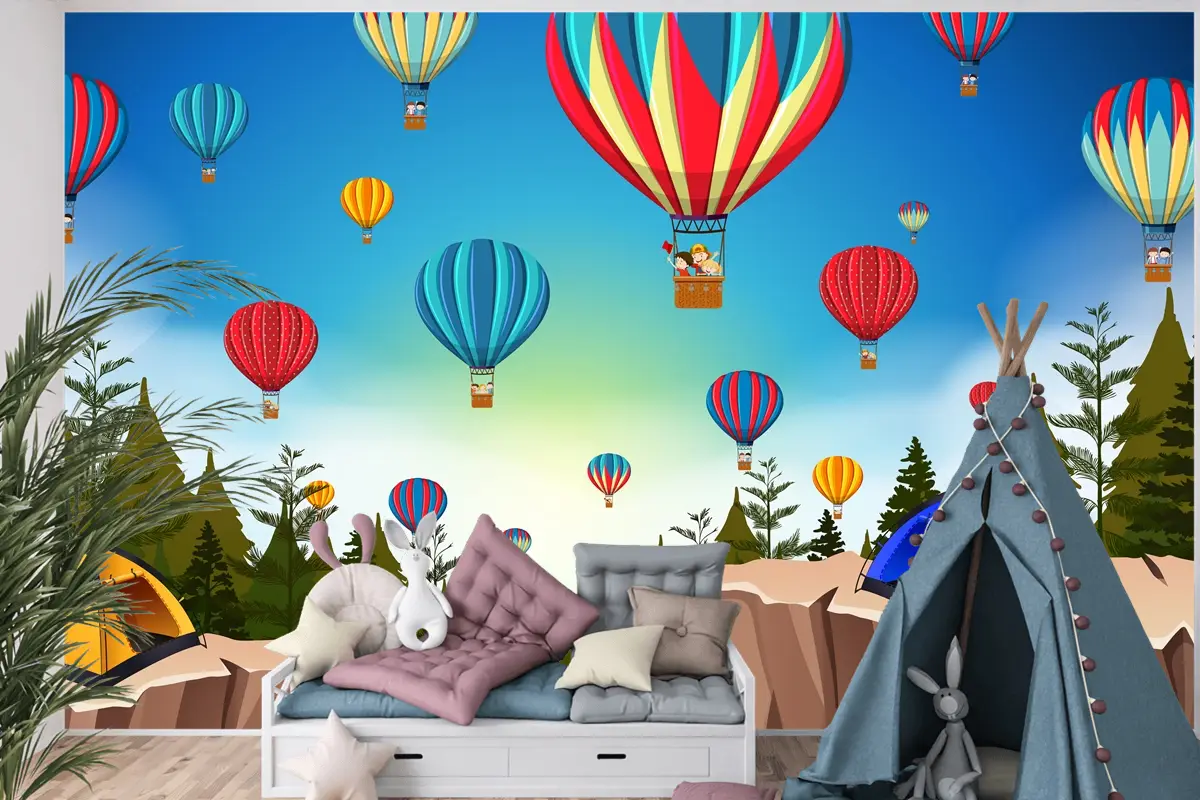 Doğada Sıcak Hava Balonu Manzara Çocuk Odası Duvar Kağıdı