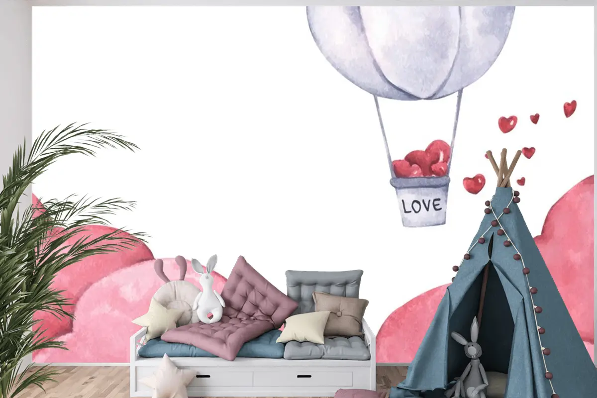 Sıcak Hava Balonu Gökyüzünde Yüzen Kalpli Çocuk Odası Duvar Kağıdı