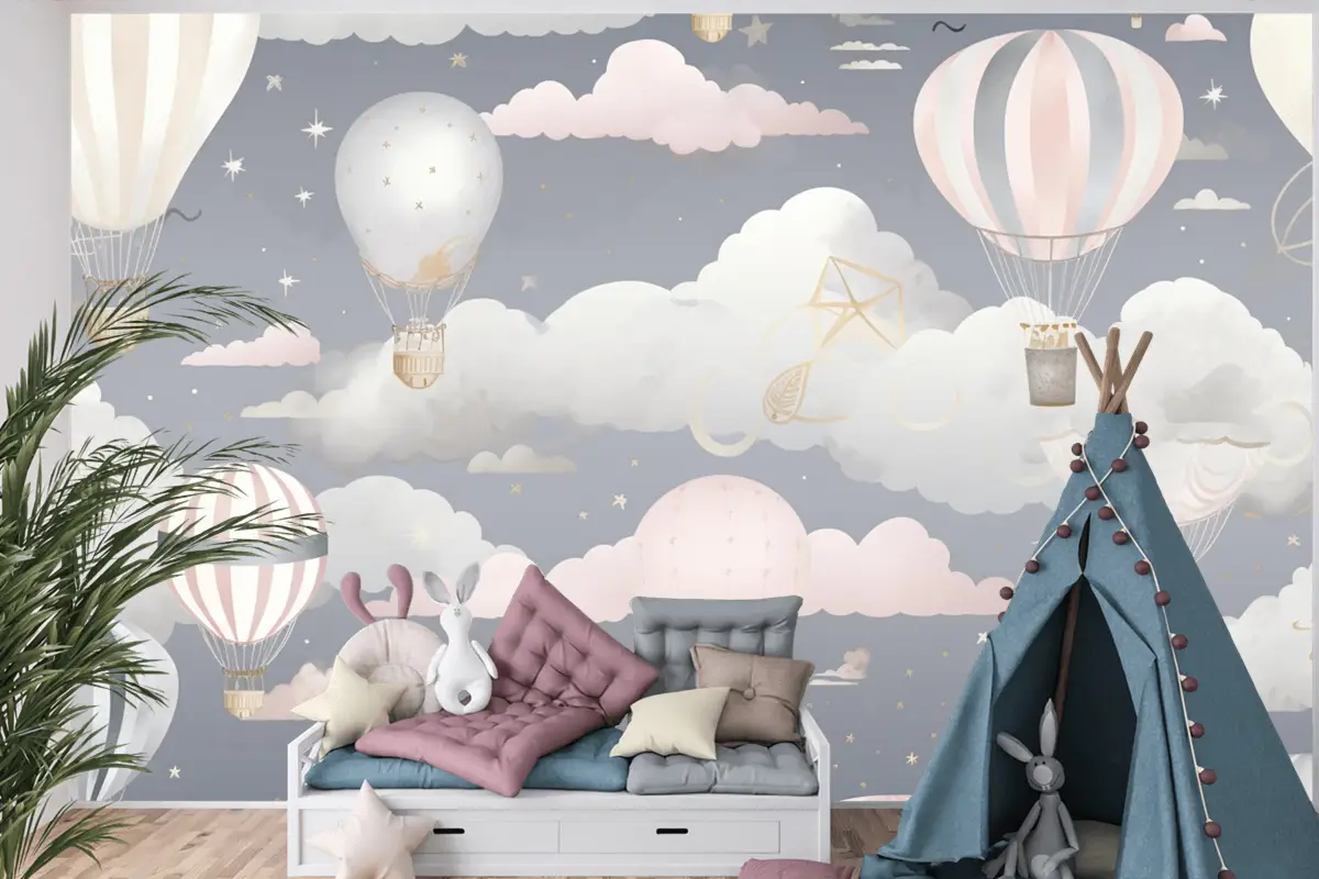 Bulutlarla Gökyüzünde Uçan Sıcak Hava Balonları Çocuk Odası Duvar Kağıdı
