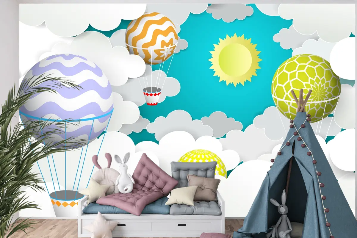 Gökyüzünde Sıcak Hava Balonları Kağıt Sanat Tarzı Çocuk Odası Duvar Kağıdı