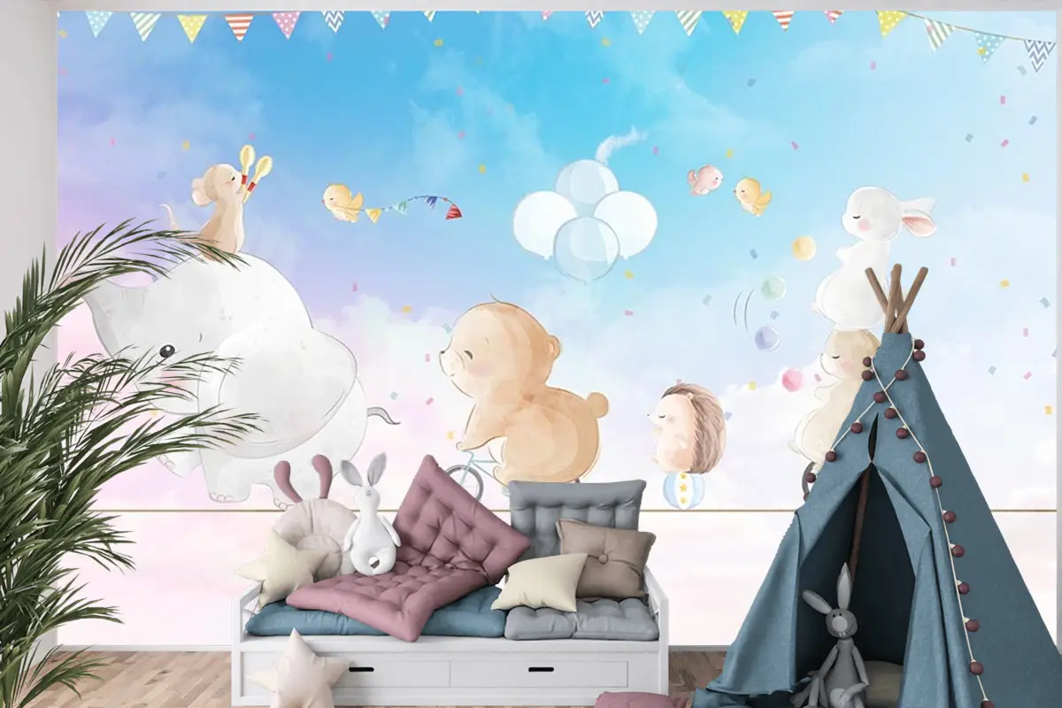 İp Üstünde Mutlu Hayvanlar Çocuk Odası Duvar Kağıdı