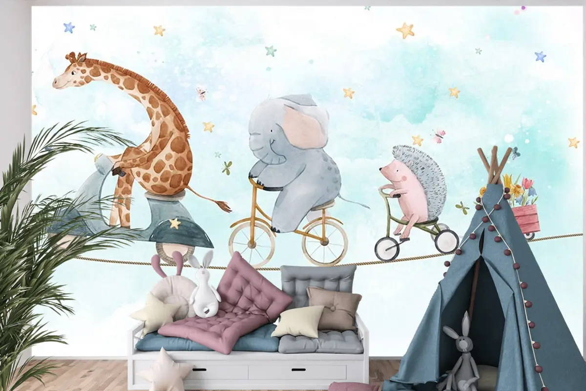 İp Üzerinde Bisiklet Süren Sevimli Hayvanlar Çocuk Odası Duvar Kağıdı