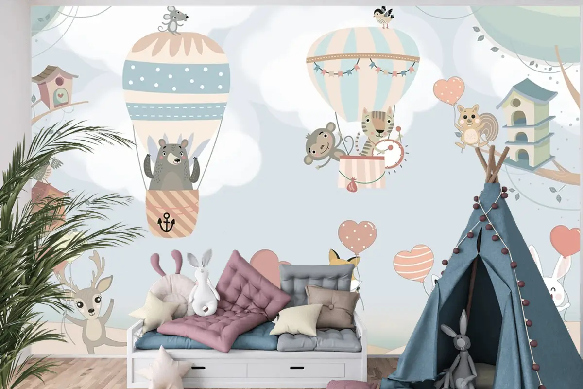 İskandinav Hayvanları Sıcak Hava Balonları Çocuk Odası Duvar Kağıdı