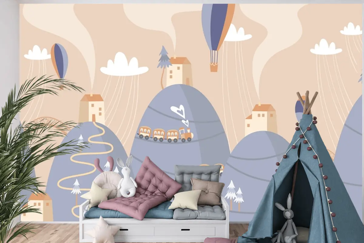 İskandinav Manzara Tepeler Sıcak Hava Balonları Tren Çocuk Bebek Odası Duvar Kağıdı