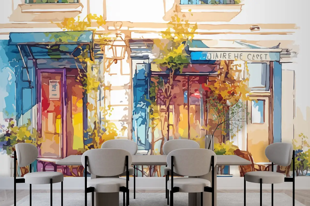 Kaldırım Kafe Veya Restoran Sulu Boya Duvar Kağıdı