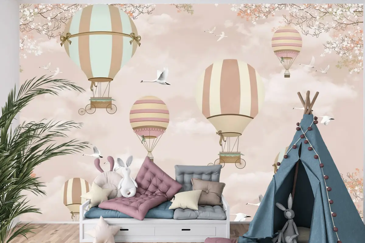Kanatlı Balonlar Ve Uçaklar Bebek Çocuk Odası Duvar Kağıdı