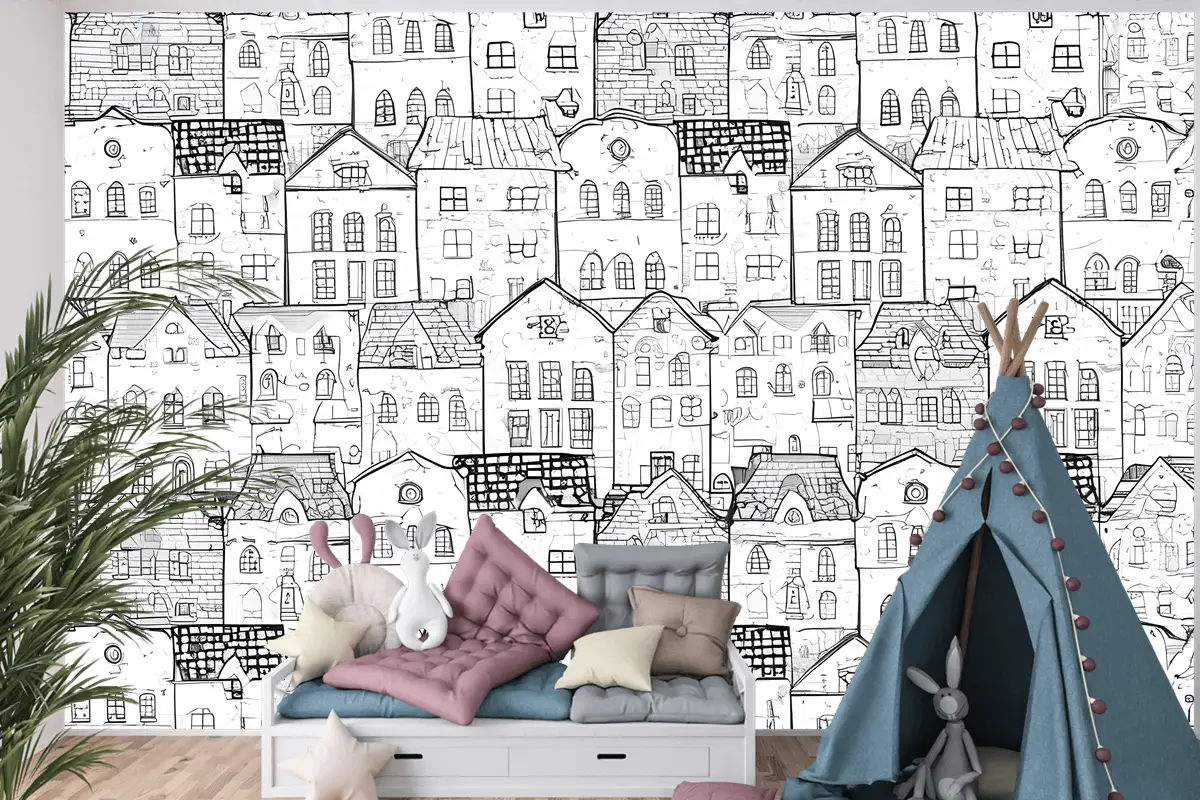 Çocuklar Siyah Beyaz Eskiz Ev Çocuk Odası Duvar Kağıdı 