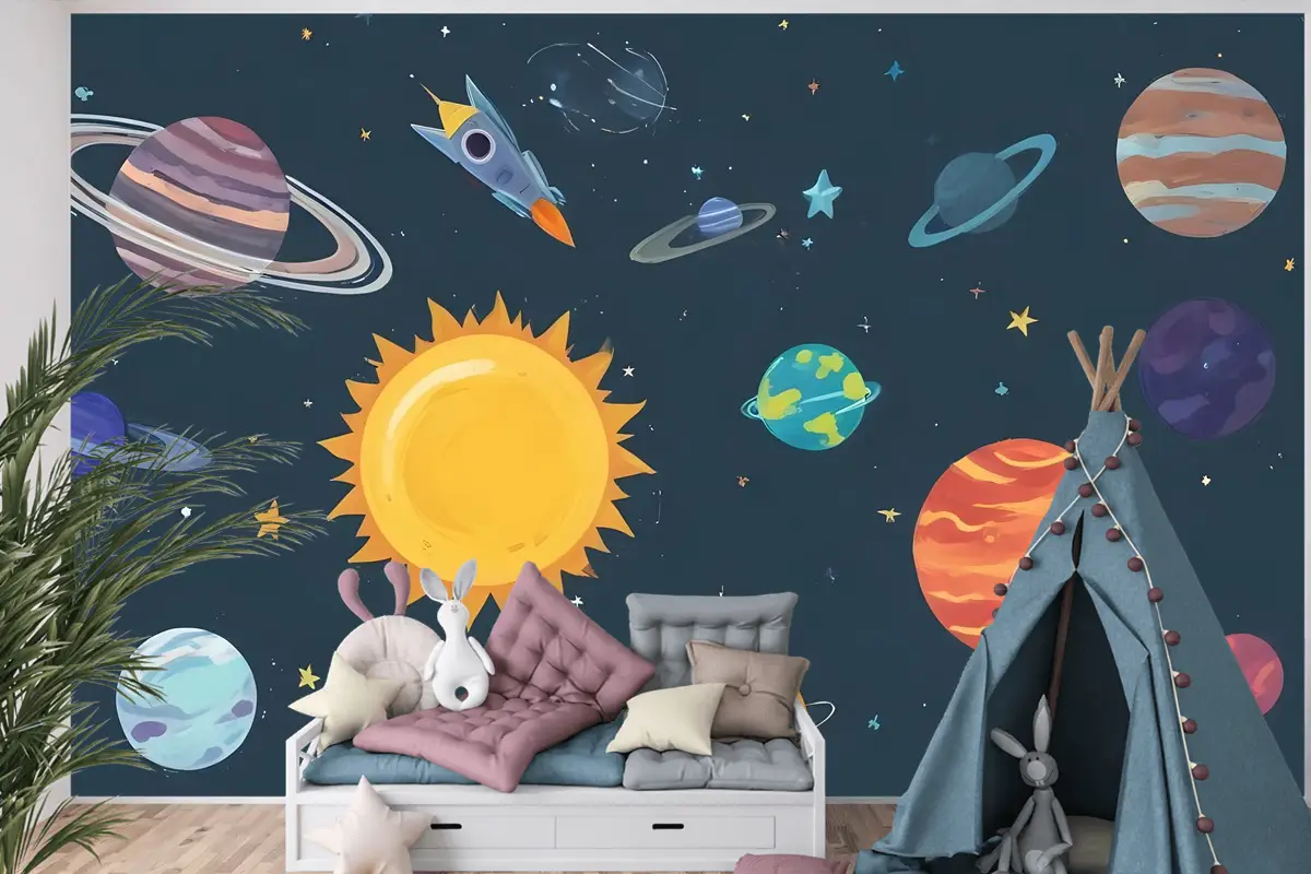 Kids Boys Suluboya Uzay Ve Güneş Sistemi Çocuk Odası Duvar Kağıdı